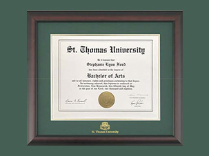 A photo of a St. Thomas University diploma in a ѨƵ-branded frame